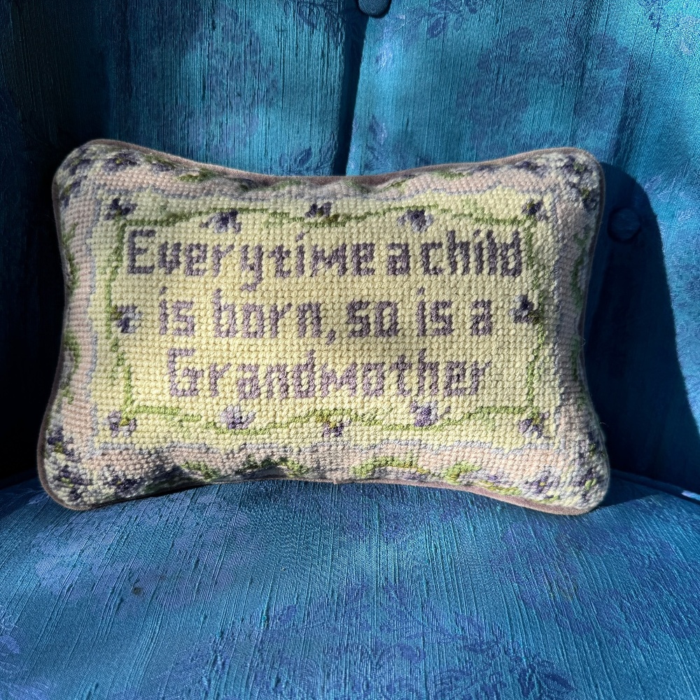Vintage Needlepoint and Velvet Pillow Cushion Lilac & Lavender Child/Grandmother